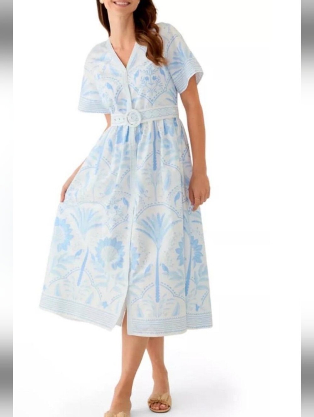 Light Blue Floral Belted Midi Dress